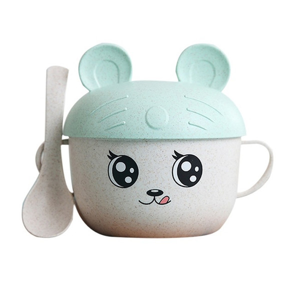 2 in 1 Cartoon Wheat Straw Bowl Spoon Set Heat Insulation Anti-hot Soup Noodle Bowl Baby Bowl Complementary Food Feeding Tableware, Specification:With Ear(Green)