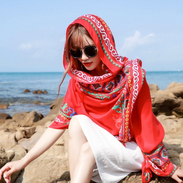 Summer Cotton and Linen Ethnic Travel Silk Scarf Sunscreen Big Shawl Ladies Beach Towel, Size:180 x 100cm(National Style Red)
