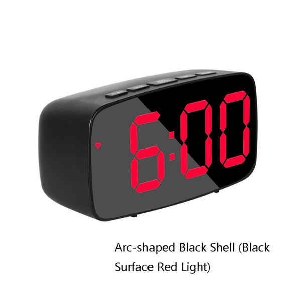 Mirror Bedside Alarm Clock Battery Plug-In Dual-Purpose LED Clock, Colour: Arc-shaped Black Shell (Black Surface Red Light)