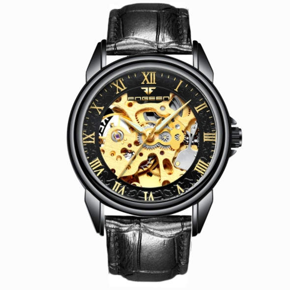 FNGEEN 8866 Men Waterproof Watch Fashion Double-Sided Hollow Automatic Mechanical Watch(Black Leather Black Steel Black Surface)