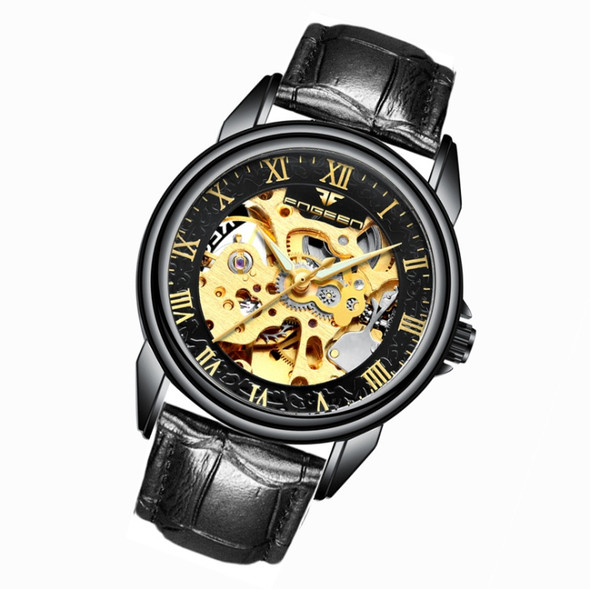 FNGEEN 8866 Men Waterproof Watch Fashion Double-Sided Hollow Automatic Mechanical Watch(Black Leather Black Steel Black Surface)