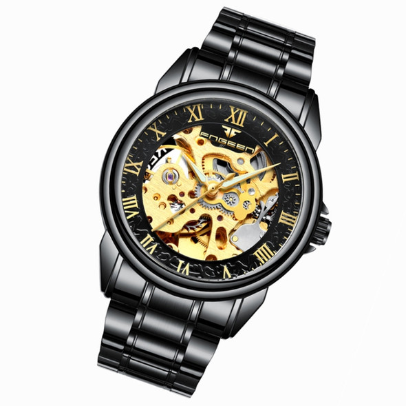 FNGEEN 8866 Men Waterproof Watch Fashion Double-Sided Hollow Automatic Mechanical Watch(Black Steel Black Surface)