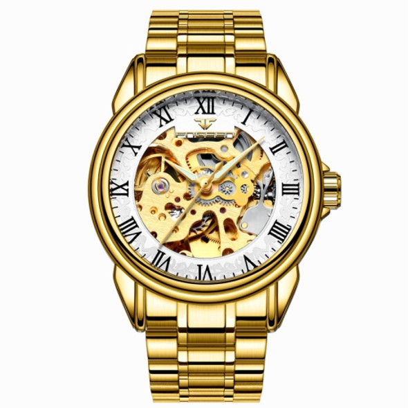 FNGEEN 8866 Men Waterproof Watch Fashion Double-Sided Hollow Automatic Mechanical Watch(All Gold White Surface)