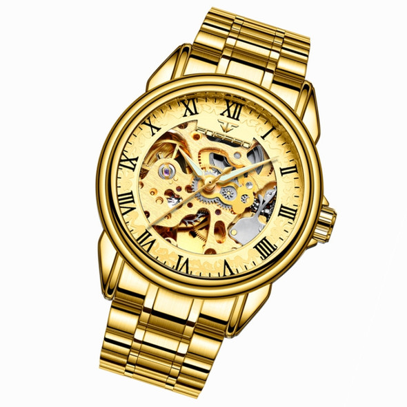 FNGEEN 8866 Men Waterproof Watch Fashion Double-Sided Hollow Automatic Mechanical Watch(All Gold Gold Surface)