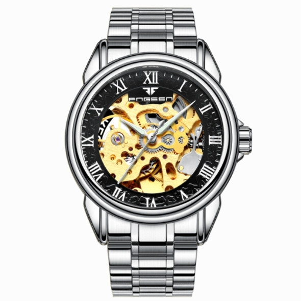 FNGEEN 8866 Men Waterproof Watch Fashion Double-Sided Hollow Automatic Mechanical Watch(White Steel Black SurFace)