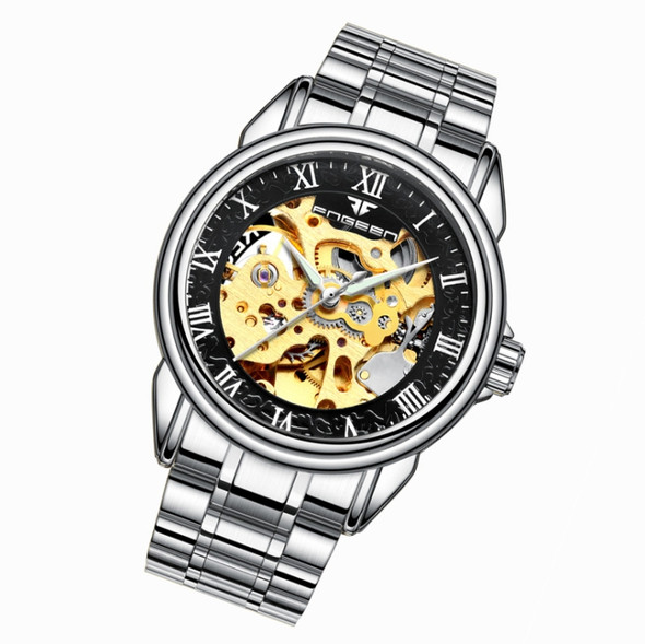 FNGEEN 8866 Men Waterproof Watch Fashion Double-Sided Hollow Automatic Mechanical Watch(White Steel Black SurFace)