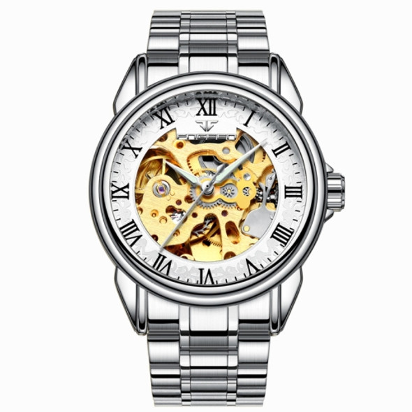 FNGEEN 8866 Men Waterproof Watch Fashion Double-Sided Hollow Automatic Mechanical Watch(White Steel White Surface)