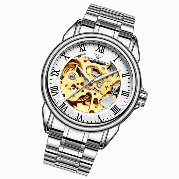 FNGEEN 8866 Men Waterproof Watch Fashion Double-Sided Hollow Automatic Mechanical Watch(White Steel White Surface)