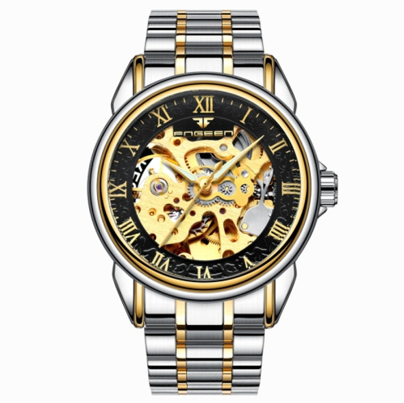 FNGEEN 8866 Men Waterproof Watch Fashion Double-Sided Hollow Automatic Mechanical Watch(Gold Black SurFace)