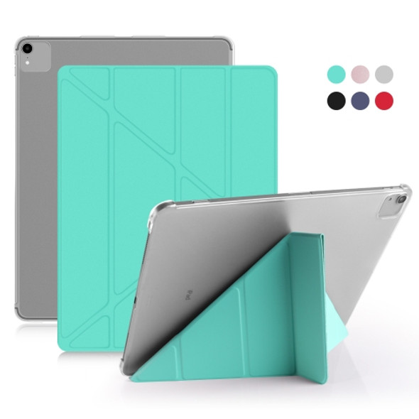 For iPad Pro 12.9 inch (2020) Multi-folding Horizontal Flip Shockproof Transparent PC + PU Leather Case with Sleep / Wake-up Function(Mint green)