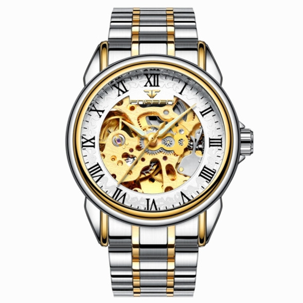FNGEEN 8866 Men Waterproof Watch Fashion Double-Sided Hollow Automatic Mechanical Watch(Gold White Surface)