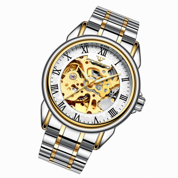 FNGEEN 8866 Men Waterproof Watch Fashion Double-Sided Hollow Automatic Mechanical Watch(Gold White Surface)