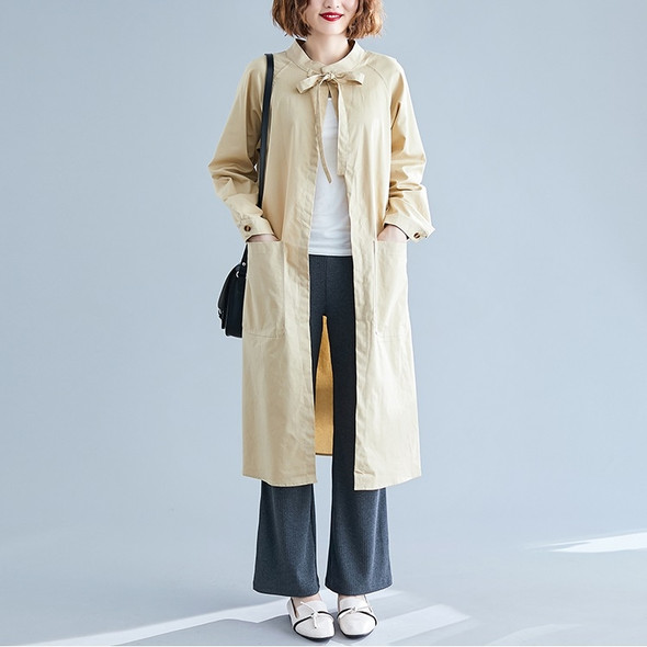 Large Size Womens New Loose Literary And Thin Long Windbreaker Jacket (Color:Apricot Size:M)