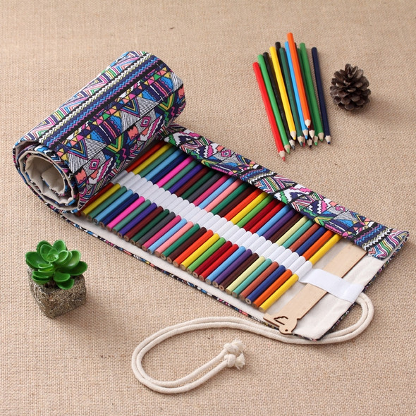 108 Slots Ethnic Print Pen Bag Canvas Pencil Wrap Curtain Roll Up Pencil Case Stationery Pouch