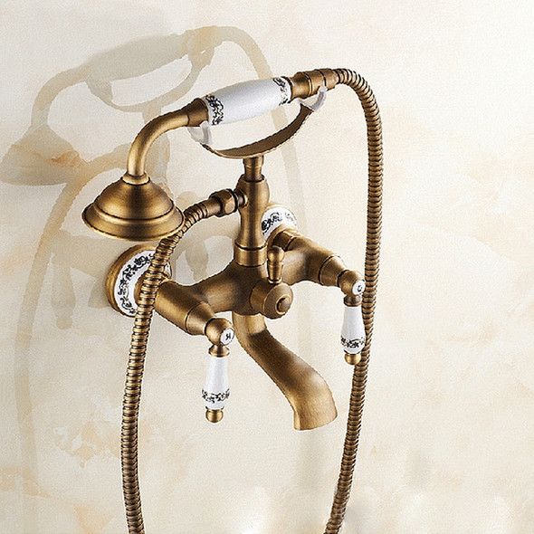 Antique Brass Wall Mounted Bathroom Tub Faucet Dual Ceramics Handles Telephone Style Hand Shower, Specification:Blue and White Telephone Shower