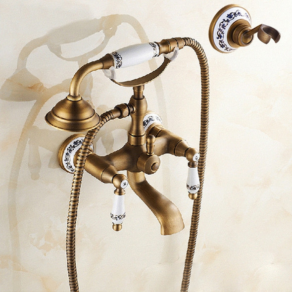 Antique Brass Wall Mounted Bathroom Tub Faucet Dual Ceramics Handles Telephone Style Hand Shower, Specification:Telephone Shower + Blue and White Fixed Seat