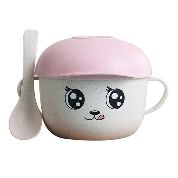 2 in 1 Cartoon Wheat Straw Bowl Spoon Set Heat Insulation Anti-hot Soup Noodle Bowl Baby Bowl Complementary Food Feeding Tableware, Specification:Without Ear(Pink)