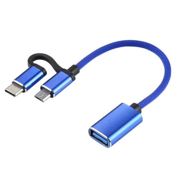 USB 3.0 Female to Micro USB + USB-C / Type-C Male Charging + Transmission OTG Nylon Braided Adapter Cable, Cable Length: 11cm(Blue)