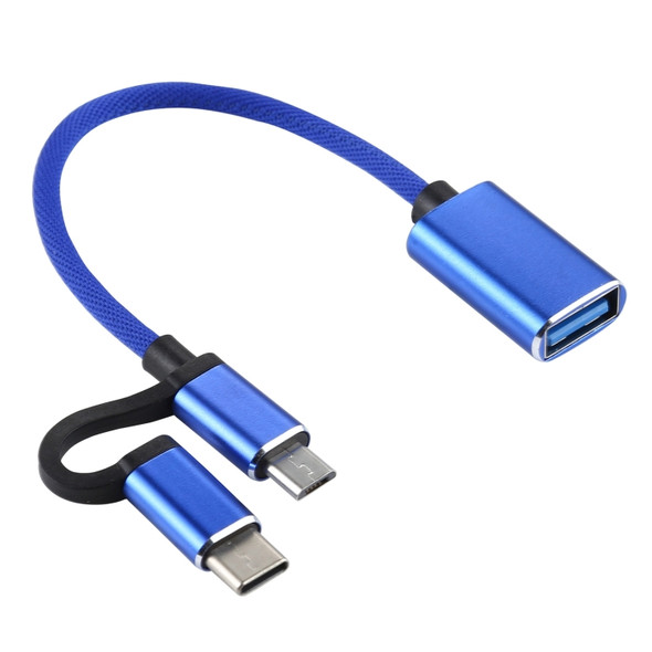 USB 3.0 Female to Micro USB + USB-C / Type-C Male Charging + Transmission OTG Nylon Braided Adapter Cable, Cable Length: 11cm(Blue)