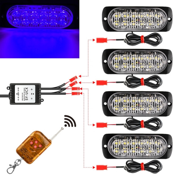 DC12V-24V / 18W 4 in 1 Front Grille Emergency Strobe Flash Warning Light Pickup 12LEDs Side Light Wireless Control 16 Modes (Blue Light)