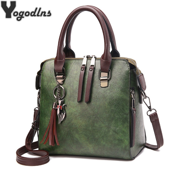 Vintage PU Leather Ladies HandBags Women Messenger Bags Totes Tassel Designer Crossbody Shoulder Bag Boston Hand Bags(Army Green)