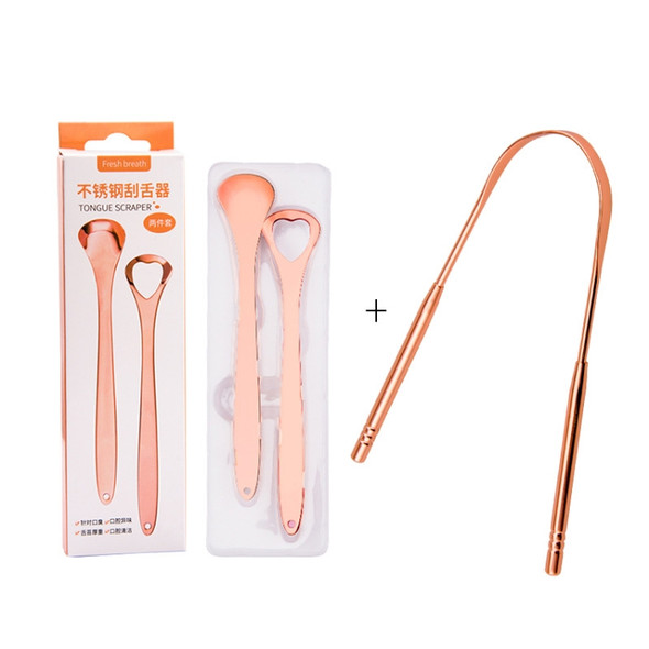 2 PCS Tongue Cleaner Bad Breath Stainless Steel Cleaning Brush Tongue Scraper + Two-piece Set (Rose Gold )