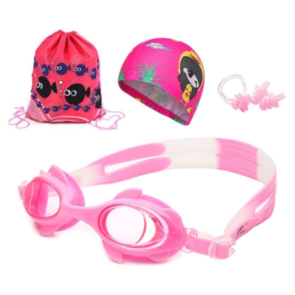 4 in 1 Cartoon Little Crab Waterproof and Anti-fog Silicone Swimming Goggles + Printed Pattern Swimming Cap + Nose Clip Earplugs + Storage Bag Swimming Equipment Set for Children(Pink Fish)