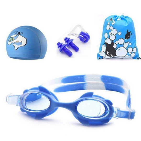 4 in 1 Cartoon Little Crab Waterproof and Anti-fog Silicone Swimming Goggles + Printed Pattern Swimming Cap + Nose Clip Earplugs + Storage Bag Swimming Equipment Set for Children(Blue Fish)