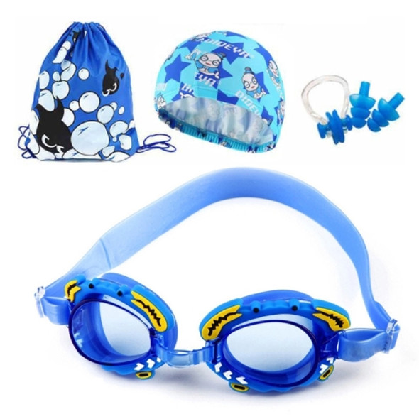 4 in 1 Cartoon Little Crab Waterproof and Anti-fog Silicone Swimming Goggles + Printed Pattern Swimming Cap + Nose Clip Earplugs + Storage Bag Swimming Equipment Set for Children(Blue Crab)