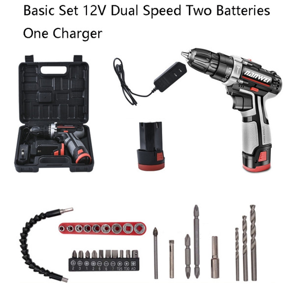 NANWEI Dual Speed Rechargeable Drill Tool Set Hardware Electrician Mini Multi-Function Toolbox, CN Plug, Basic Set 12V Two Batteries One Charger
