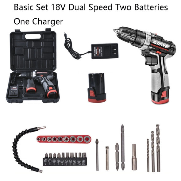 NANWEI Dual Speed Rechargeable Drill Tool Set Hardware Electrician Mini Multi-Function Toolbox, CN Plug, Basic Set 18V Two Batteries One Charger