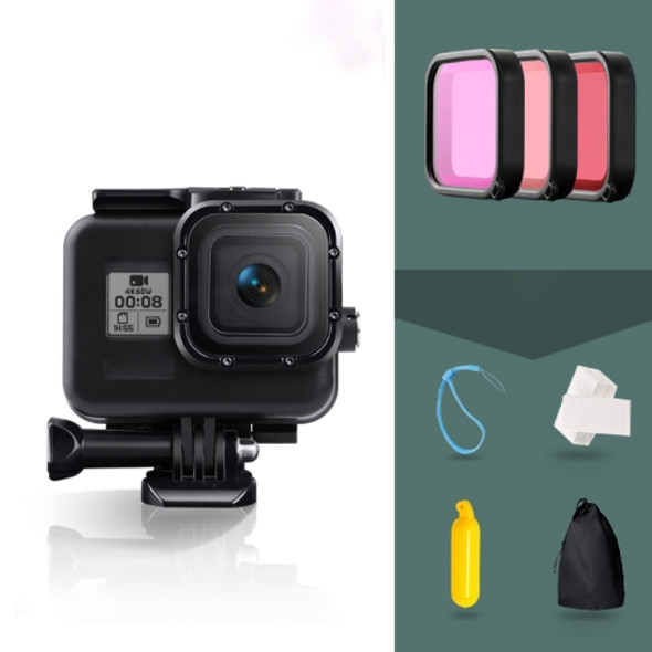 For GoPro HERO8 Black 45m Waterproof Housing Protective Case with Buckle Basic Mount & Screw & (Purple, Red, Pink) Filters & Floating Bobber Grip & Strap & Anti-Fog Inserts (Black)