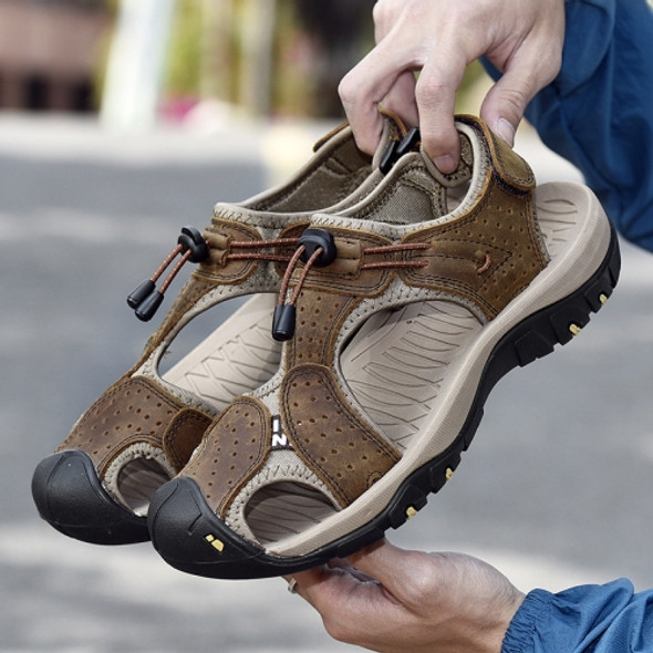 Summer Large Size Men Beach Shoes Leather Breathable Wading Casual Sandals, Size: 45(Dark Brown)