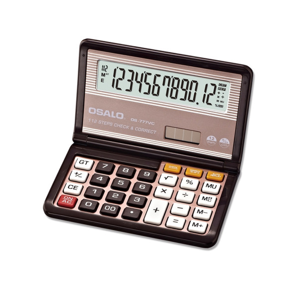 OSALO OS-777VC Portable 12 Digits Flip Folding Check Calculator Solar Energy Dual Power Calculator(Coffee)