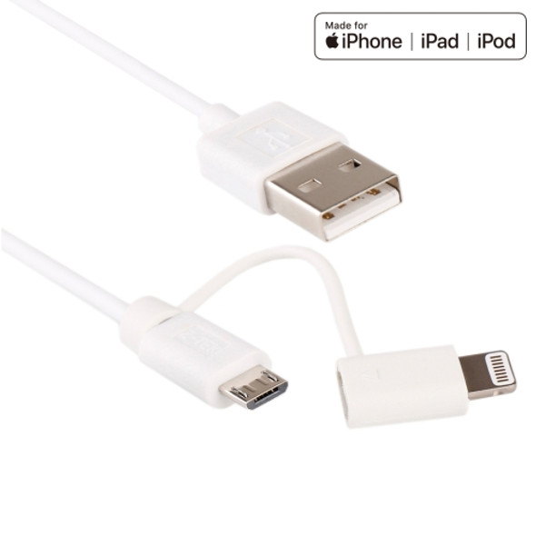 1m MFI 2 in 1 8 pin + Micro USB 2.0 Male to USB Data Sync Charging Cable, For iPhone 6 Plus & 6s Plus / iPhone 5 & 5S & 5C / iPad Air /  iPad mini, All Micro USB Tab PC / Mobile Phone(White)