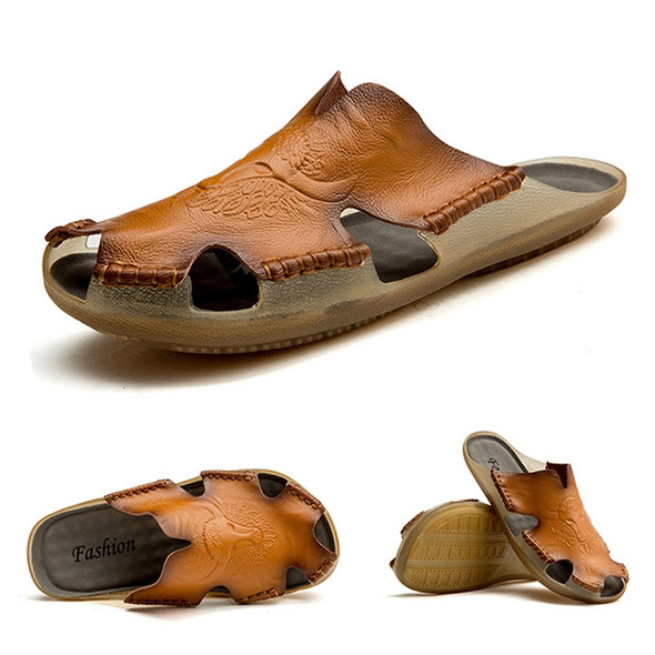 Summer Men Leather Slippers Casual Large Size Flat Beach Shoes, Size: 48(Yellow Brown)