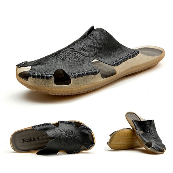 Summer Men Leather Slippers Casual Large Size Flat Beach Shoes, Size: 47(Black)