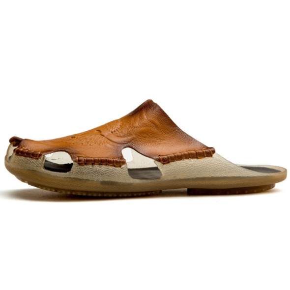 Summer Men Leather Slippers Casual Large Size Flat Beach Shoes, Size: 42(Yellow Brown)