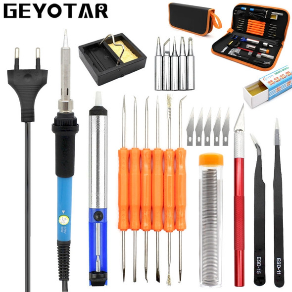 60W Adjustable Temperature Electric Soldering Iron Kit + 5 PCS Tips Portable Welding Repair Tool Tweezers Hobby knife 110V, Plug Type:EU Plug(Orange)