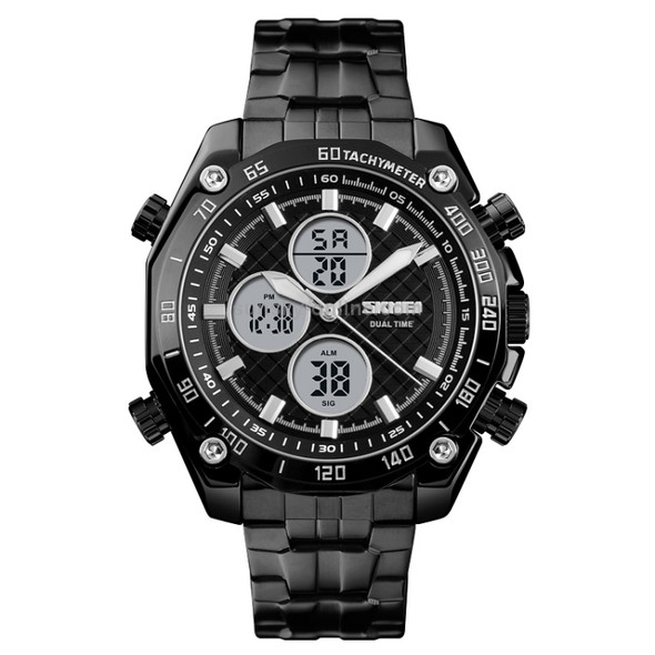 SKMEI 1302 Fashion Men Leisure Wrist Watch Multifunctional Dual-time Sports Digital Watch with Stainless Steel Watchband 30m Waterproof (Black+White)