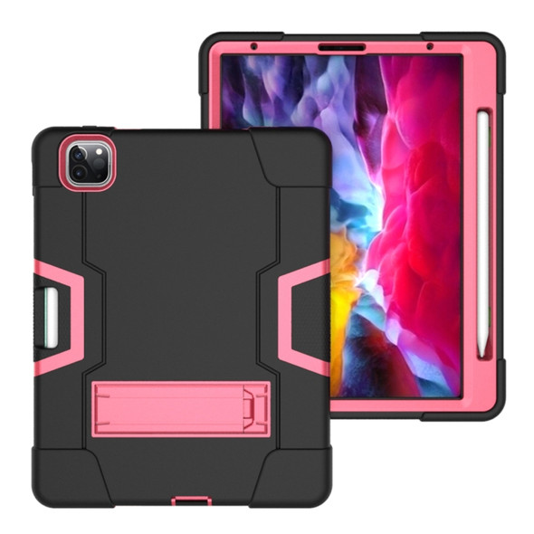 For iPad Pro 12.9 (2018) / (2020) Contrast Color Silicone + PC Protective Case with Holder(Black + Rose Red)