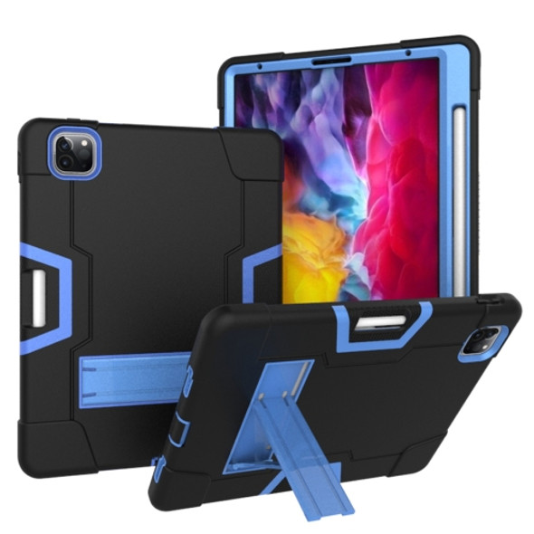 For iPad Pro 12.9 (2018) / (2020) Contrast Color Silicone + PC Protective Case with Holder(Black + Blue)
