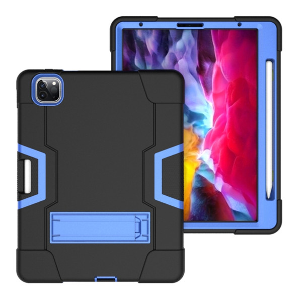 For iPad Pro 12.9 (2018) / (2020) Contrast Color Silicone + PC Protective Case with Holder(Black + Blue)