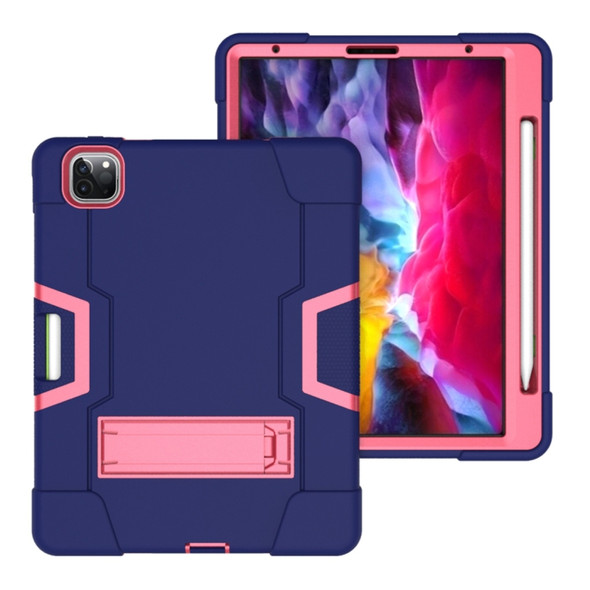 For iPad Pro 12.9 (2018) / (2020) Contrast Color Silicone + PC Protective Case with Holder(Navy Blue + Rose Red)