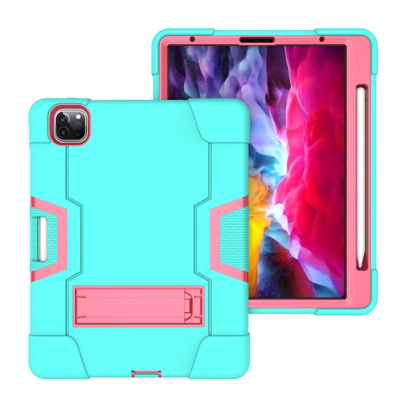 For iPad Pro 12.9 (2018) / (2020) Contrast Color Silicone + PC Protective Case with Holder(Mint Green + Rose Red)