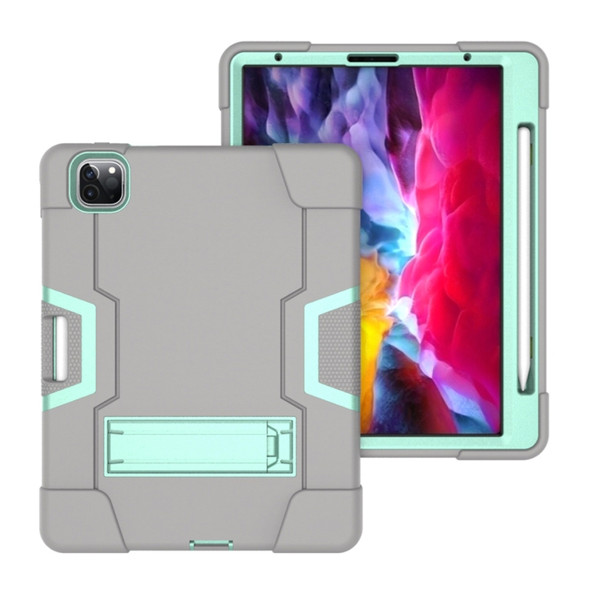 For iPad Pro 12.9 (2018) / (2020) Contrast Color Silicone + PC Protective Case with Holder(Grey + Mint Green)