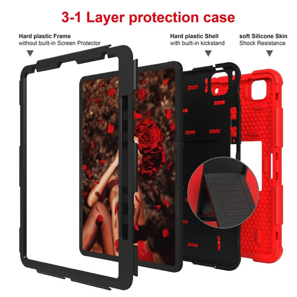For iPad Pro 12.9 (2018) / (2020) Shockproof Two-Color Silicone Protective Case with Holder(Red+Black)