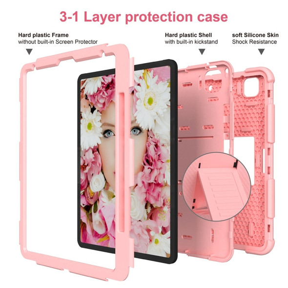 For iPad Pro 12.9 (2018) / (2020) Shockproof Two-Color Silicone Protective Case with Holder(Rose Gold)