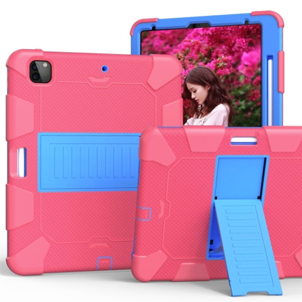 For iPad Pro 12.9 (2018) / (2020) Shockproof Two-Color Silicone Protective Case with Holder(Rose Red+Blue)