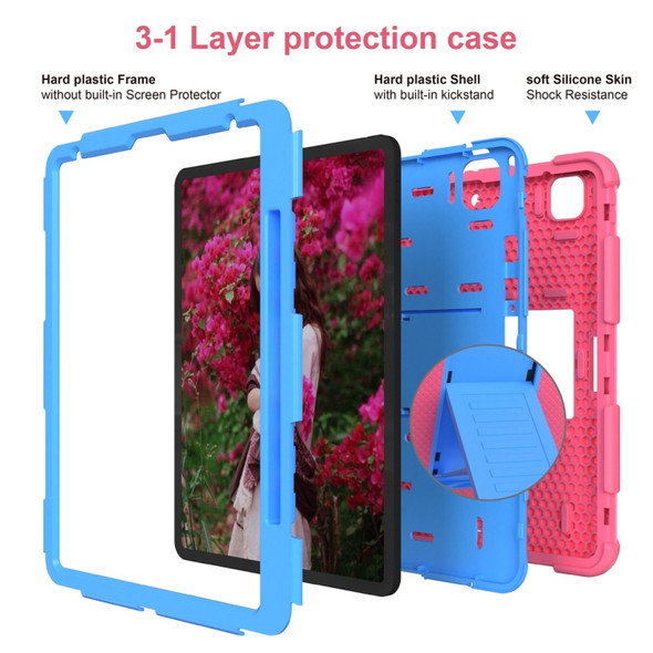 For iPad Pro 12.9 (2018) / (2020) Shockproof Two-Color Silicone Protective Case with Holder(Rose Red+Blue)